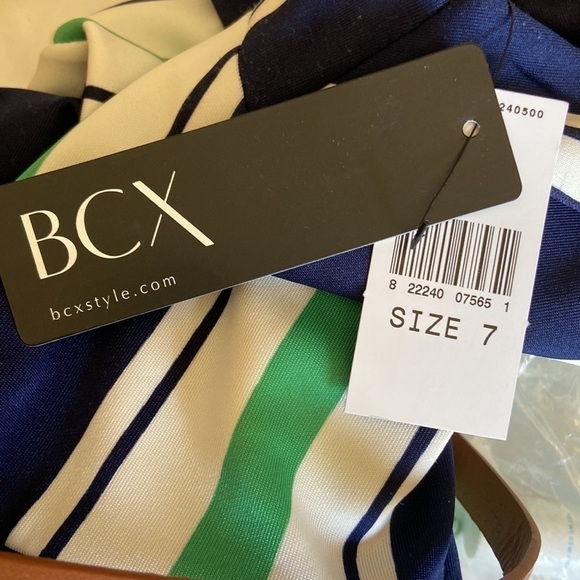 𝅺👗 BCX Striped A-Line Cutout Belted Dress Blue Green White Size 7 NWT - Picture 7 of 11